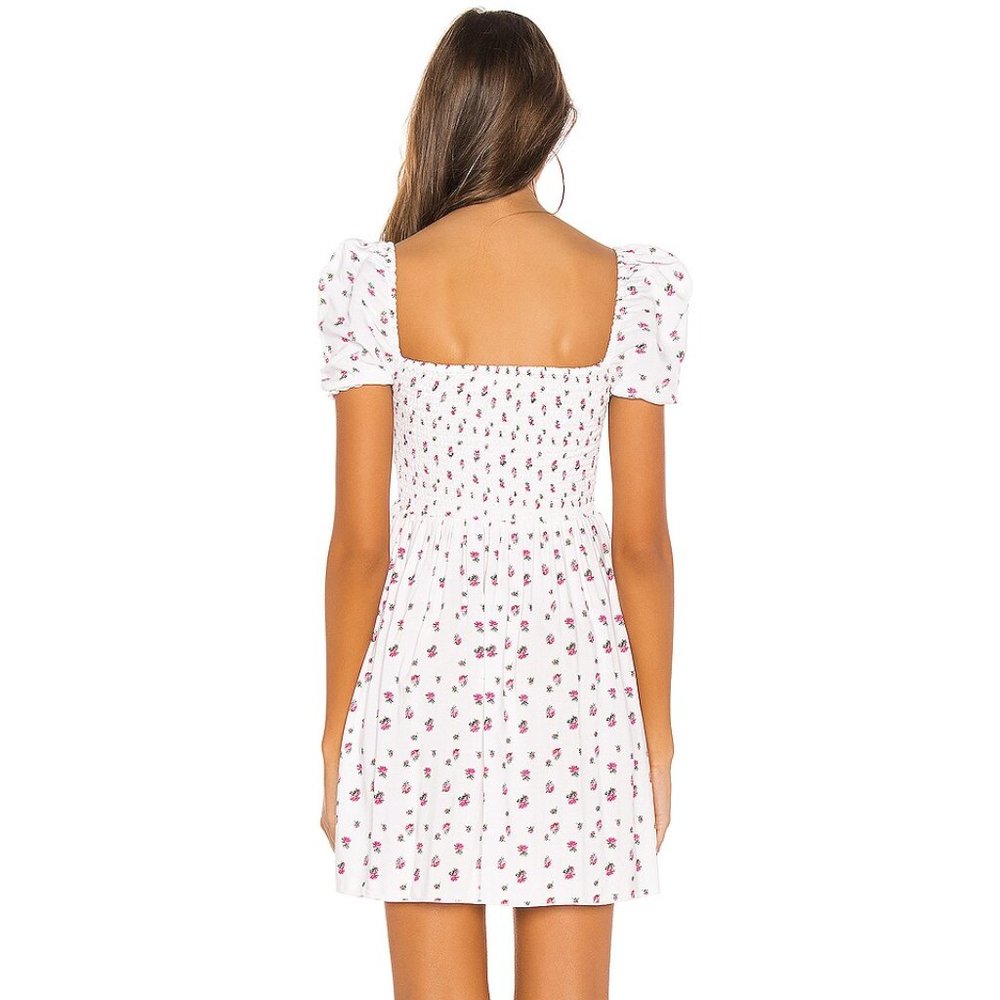 Revolve LPA Violet White Rose Print Smocked Square Neck Puff Sleeve Dress - Picture 3 of 4